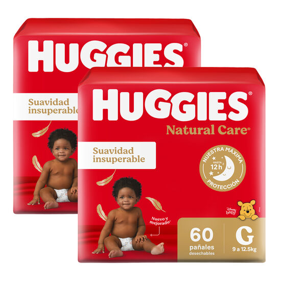 Pañales Premium Huggies Natural Care G Más Suave 60 Ud Pack x2